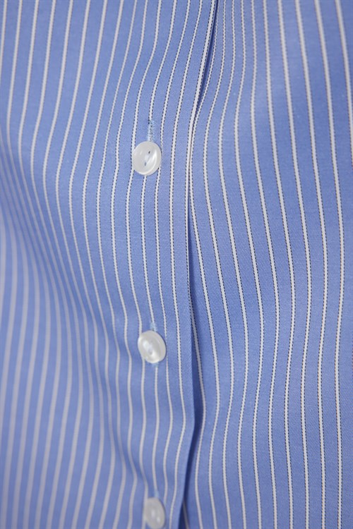 Kadın Slim Fit Dar Kesim Pamuklu Uzun Kollu Çizgili Mavi Kadın Gömlek
