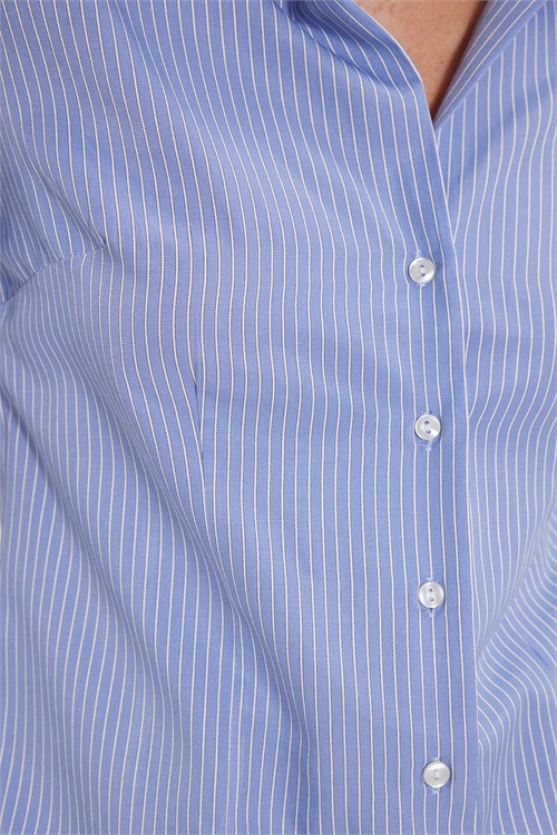 Kadın Slim Fit Dar Kesim Pamuklu Uzun Kollu Çizgili Mavi Kadın Gömlek