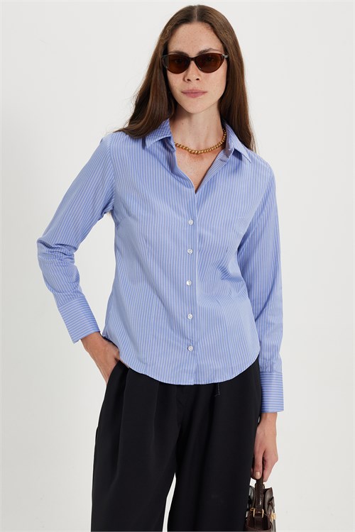 Kadın Slim Fit Dar Kesim Pamuklu Uzun Kollu Çizgili Mavi Kadın Gömlek