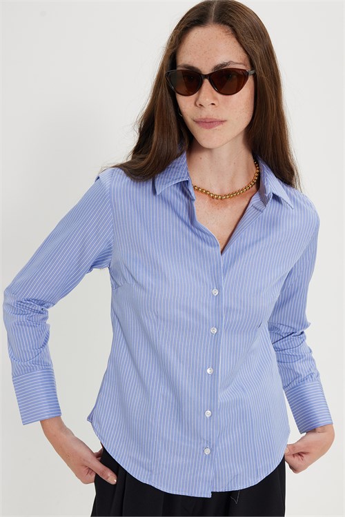 Kadın Slim Fit Dar Kesim Pamuklu Uzun Kollu Çizgili Mavi Kadın Gömlek