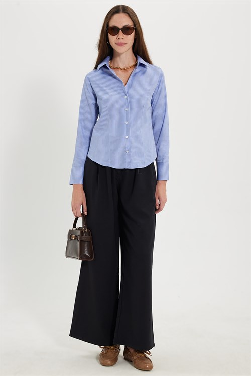 Kadın Slim Fit Dar Kesim Pamuklu Uzun Kollu Çizgili Mavi Kadın Gömlek