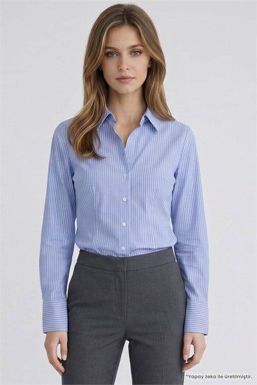 Kadın Slim Fit Dar Kesim Pamuklu Uzun Kollu Çizgili Mavi Kadın Gömlek