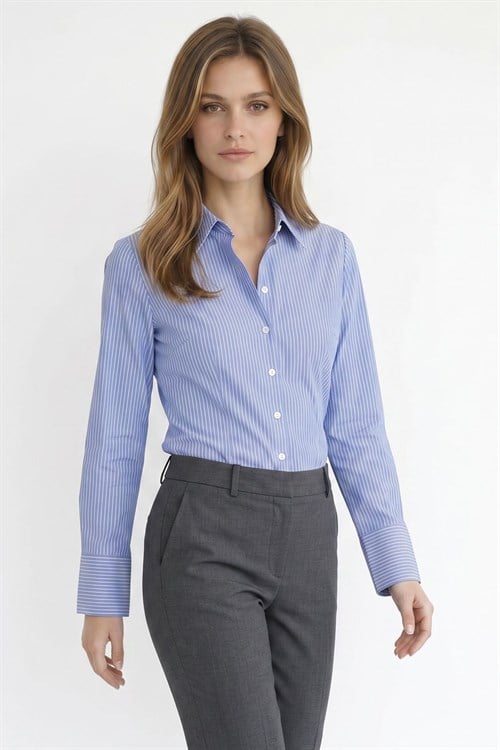 Kadın Slim Fit Dar Kesim Pamuklu Uzun Kollu Çizgili Mavi Kadın Gömlek
