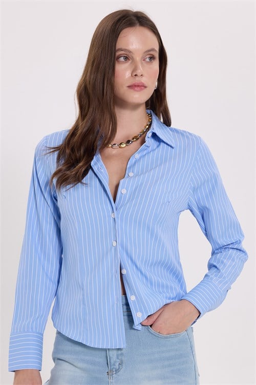 Kadın Slim Fit Dar Kesim Uzun Kollu Çizgili Mavi Gömlek