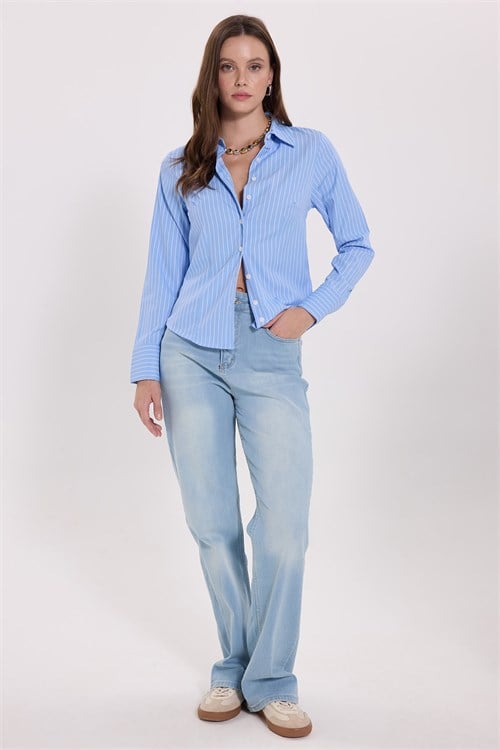 Kadın Slim Fit Dar Kesim Uzun Kollu Çizgili Mavi Gömlek