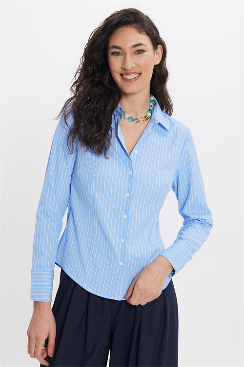 Kadın Slim Fit Dar Kesim Uzun Kollu Çizgili Mavi Gömlek
