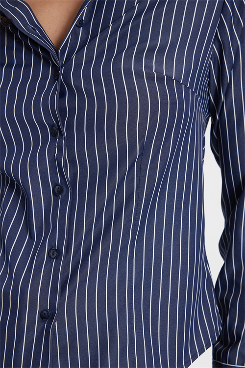 Kadın Slim Fit Dar Kesim Uzun Kollu Çizgili Lacivert Gömlek