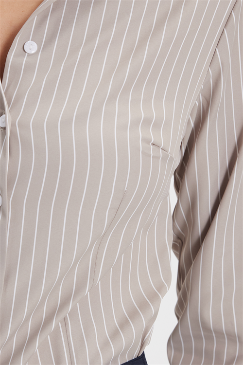 Kadın Slim Fit Dar Kesim Uzun Kollu Çizgili Bej Gömlek