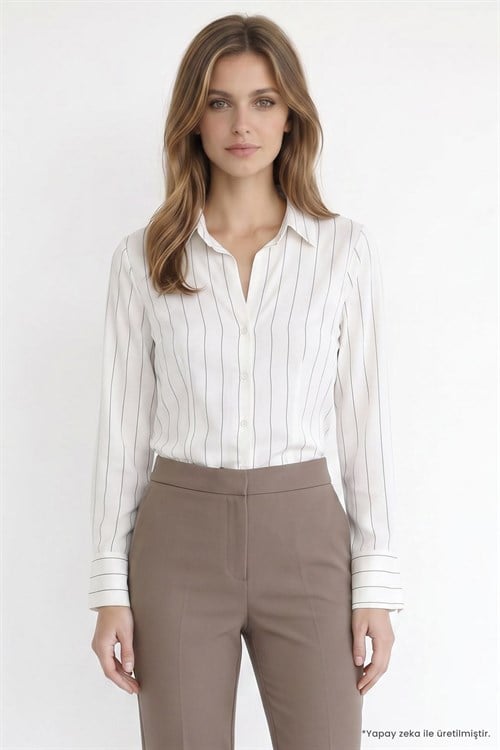 Kadın Slim Fit Dar Kesim Çizgili Viskon Yumuşak Dokulu Uzun Kollu Pensli Ekru Gömlek