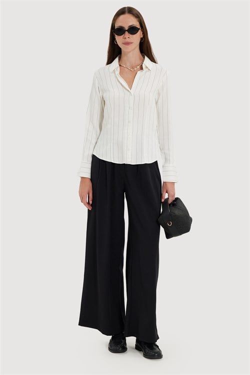 Kadın Slim Fit Dar Kesim Çizgili Viskon Yumuşak Dokulu Uzun Kollu Pensli Ekru Gömlek