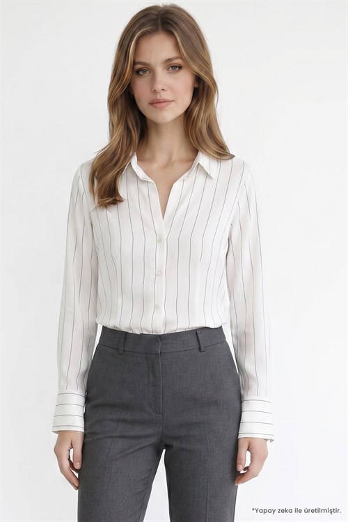 Kadın Slim Fit Dar Kesim Çizgili Viskon Yumuşak Dokulu Uzun Kollu Pensli Ekru Gömlek