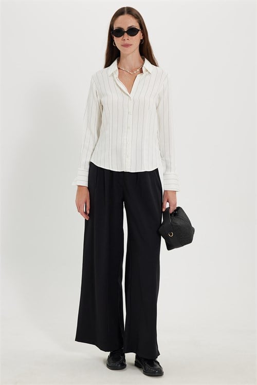 Kadın Slim Fit Dar Kesim Çizgili Viskon Yumuşak Dokulu Uzun Kollu Pensli Ekru Gömlek