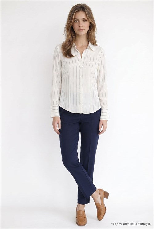 Kadın Slim Fit Dar Kesim Çizgili Viskon Yumuşak Dokulu Uzun Kollu Pensli Ekru Gömlek
