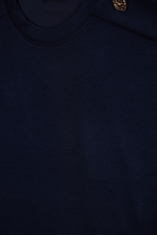 Kadın Oversize Geniş Kesim Bisiklet Yaka Omzu Düğmeli Likralı Lacivert Viskon Bluz