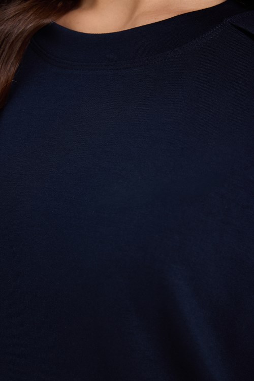 Kadın Oversize Geniş Kesim Bisiklet Yaka Omzu Düğmeli Likralı Lacivert Viskon Bluz