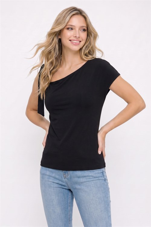 Kadın Slim Fit Dar Kesim Kısa Kollu Kayık Yaka Siyah Bluz