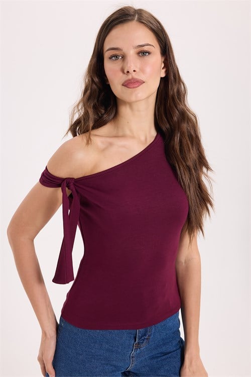 Kadın Slim Fit Dar Kesim Kısa Kollu Kayık Yaka Bordo Bluz