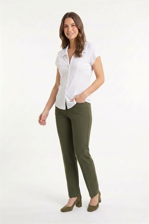 Kadın Slim Fit Dar Kesim Kısa Kollu Gömlek Yaka Beyaz Gömlek