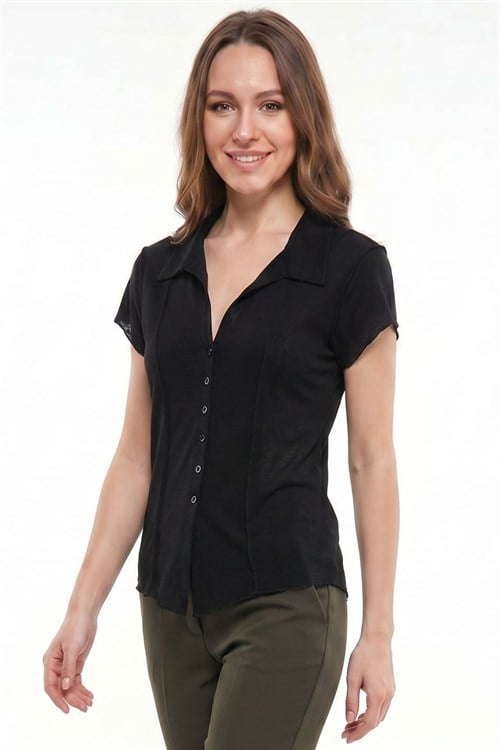 Kadın Slim Fit Dar Kesim Kısa Kollu Gömlek Yaka Siyah Gömlek