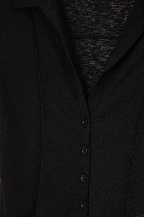 Kadın Slim Fit Dar Kesim Kısa Kollu Gömlek Yaka Siyah Gömlek