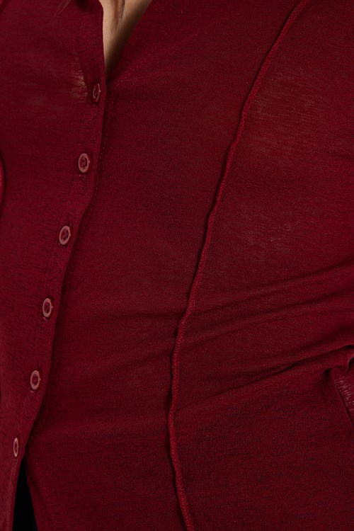 Kadın Slim Fit Dar Kesim Kısa Kollu Gömlek Yaka Bordo Gömlek
