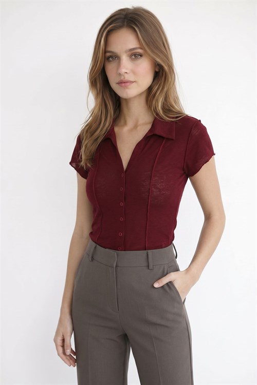 Kadın Slim Fit Dar Kesim Kısa Kollu Gömlek Yaka Bordo Gömlek