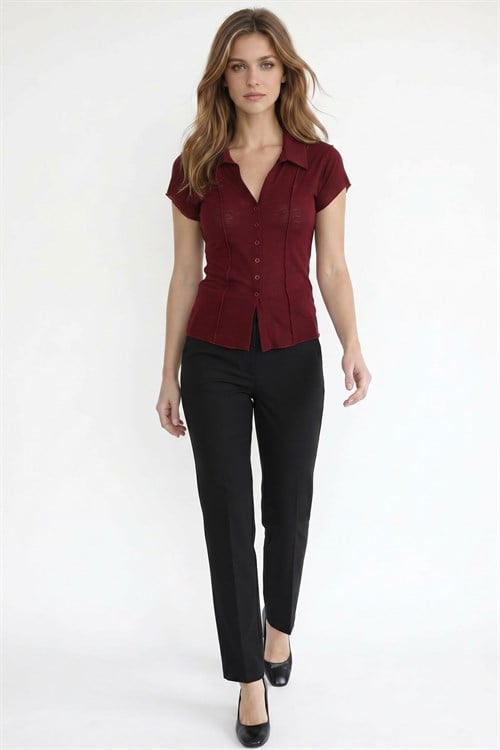 Kadın Slim Fit Dar Kesim Kısa Kollu Gömlek Yaka Bordo Gömlek