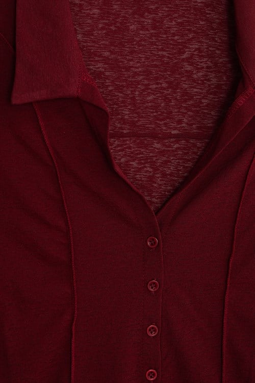 Kadın Slim Fit Dar Kesim Kısa Kollu Gömlek Yaka Bordo Gömlek