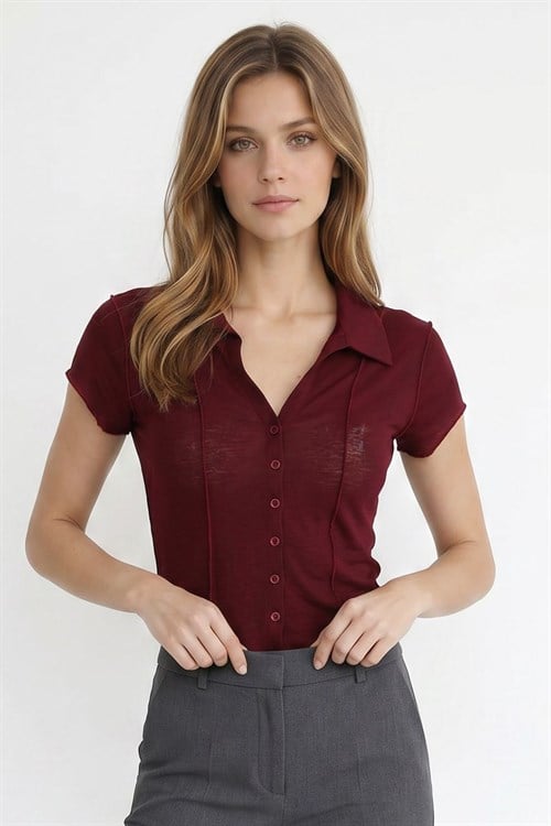 Kadın Slim Fit Dar Kesim Kısa Kollu Gömlek Yaka Bordo Gömlek