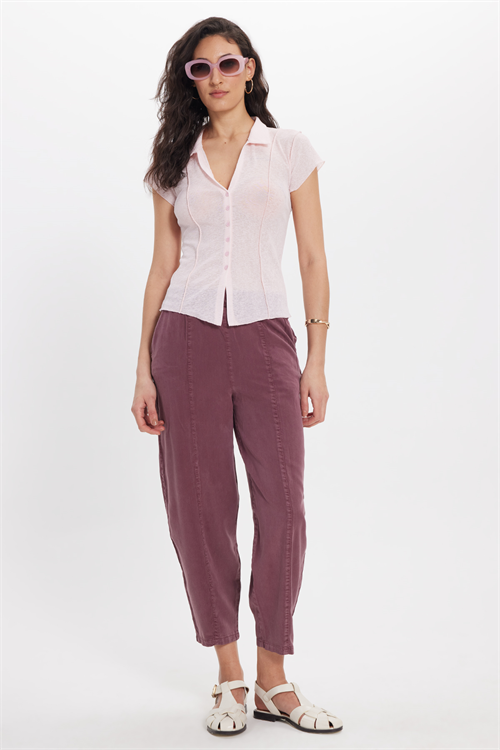 Kadın Slim Fit Dar Kesim Kısa Kollu Gömlek Yaka Pembe Gömlek
