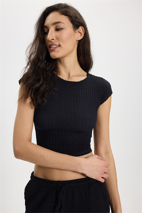 Kadın Slim Fit Dar Kesim Bisiklet Yaka Kolsuz Dokulu Siyah Bürümcük Bluz