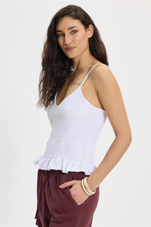 Kadın Slim Fit Dar Kesim %100 Pamuk Askılı  Büzgülü V Yaka Beyaz Bluz