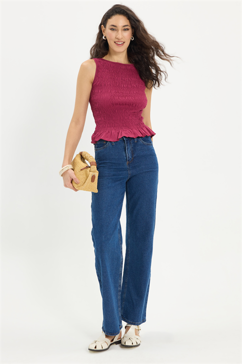Kadın Slim Fit Dar Kesim %100 Pamuk Sıfır Kol Büzgülü Bisiklet Yaka Fuşya Bluz