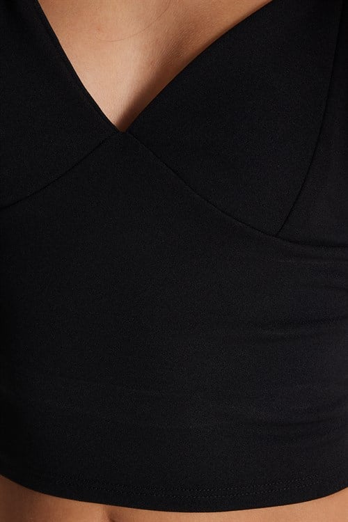 Kadın Slim Fit Dar Kesim V Yaka Askılı Siyah Bluz