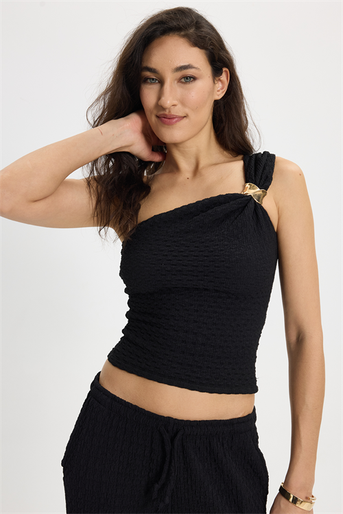 Kadın Slim Fit Dar Kesim Tek Omuz Tek Kol Doku Desenli Siyah Bluz