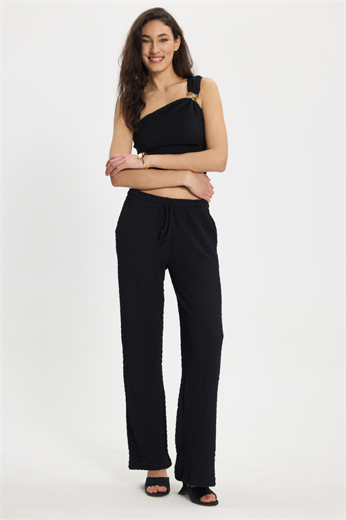 Kadın Slim Fit Dar Kesim Tek Omuz Tek Kol Doku Desenli Siyah Bluz