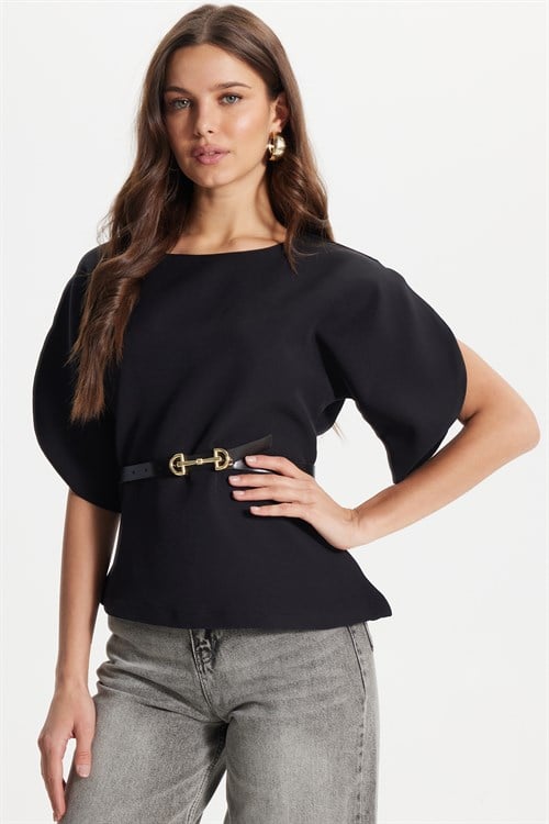 Kadın Slim Fit Dar Kesim Kol Detaylı İnce Kemerli Fermuarlı Siyah Bluz Gömlek