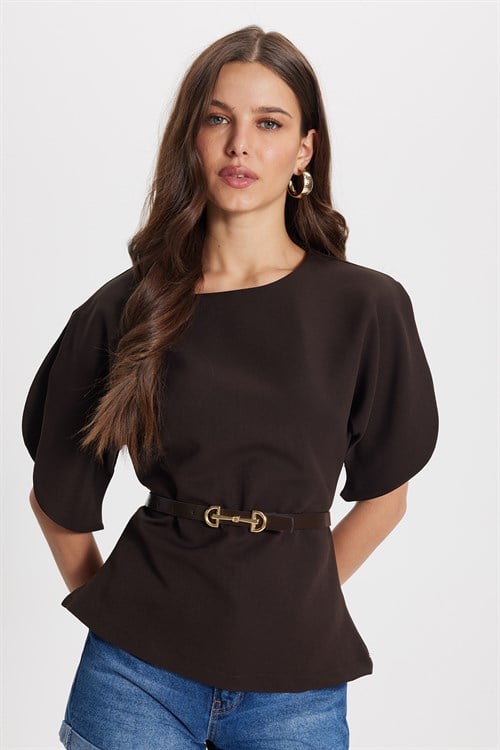 Kadın Slim Fit Dar Kesim Kol Detaylı İnce Kemerli Fermuarlı Kahverengi Bluz Gömlek