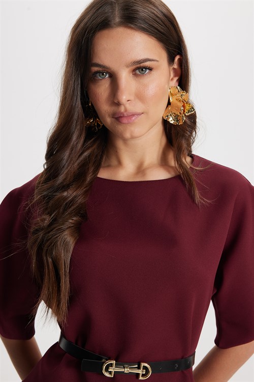 Kadın Slim Fit Dar Kesim Kol Detaylı İnce Kemerli Fermuarlı Bordo Bluz Gömlek