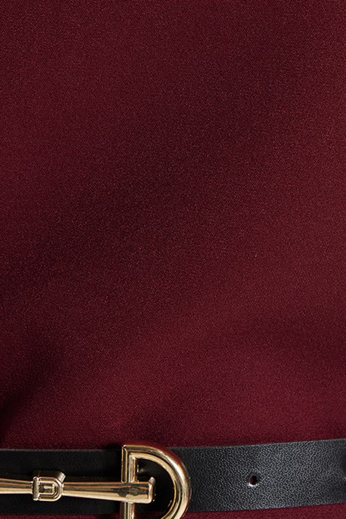 Kadın Slim Fit Dar Kesim Kol Detaylı İnce Kemerli Fermuarlı Bordo Bluz Gömlek