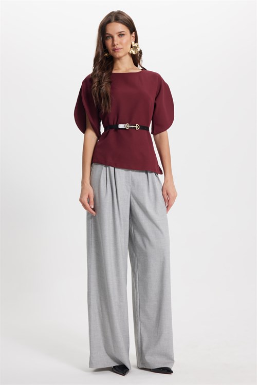 Kadın Slim Fit Dar Kesim Kol Detaylı İnce Kemerli Fermuarlı Bordo Bluz Gömlek