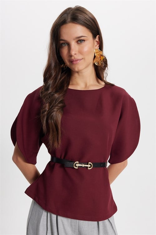 Kadın Slim Fit Dar Kesim Kol Detaylı İnce Kemerli Fermuarlı Bordo Bluz Gömlek