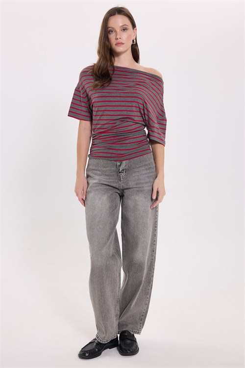 Kadın Regular Fit Klasik Kesim Asimetrik Yaka Yarasa Kol Çizgili Likralı Bordo Viskon Crop Bluz