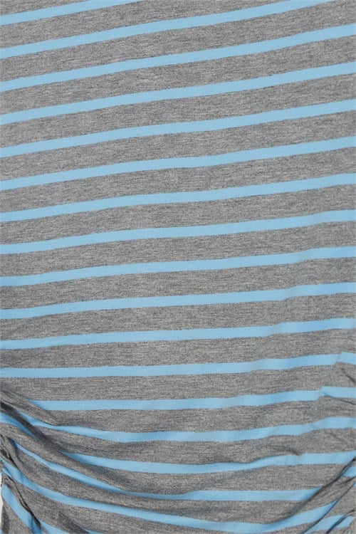 Kadın Regular Fit Klasik Kesim Asimetrik Yaka Yarasa Kol Çizgili Likralı Mavi Viskon Crop Bluz