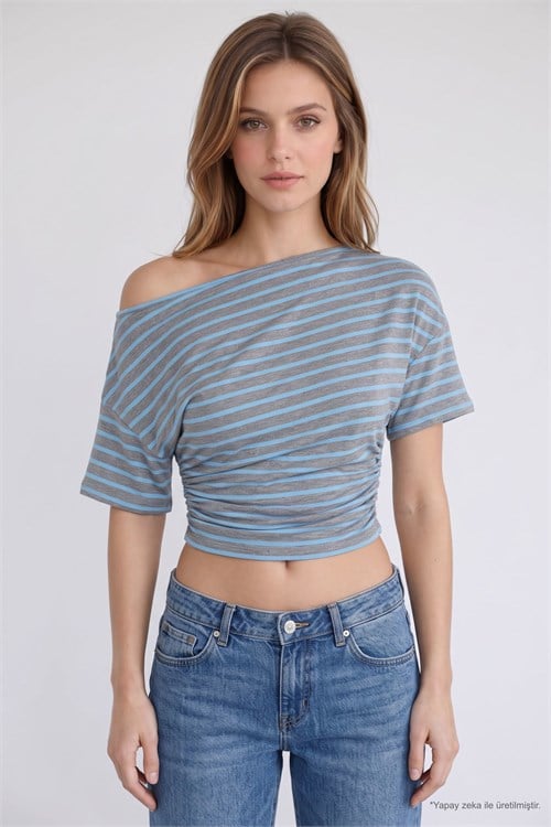 Kadın Regular Fit Klasik Kesim Asimetrik Yaka Yarasa Kol Çizgili Likralı Mavi Viskon Crop Bluz