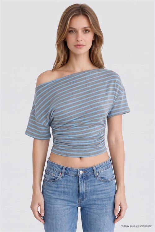 Kadın Regular Fit Klasik Kesim Asimetrik Yaka Yarasa Kol Çizgili Likralı Mavi Viskon Crop Bluz