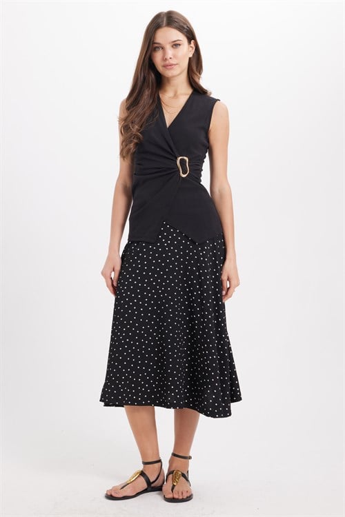 Kadın Slim Fit Dar Kesim Sıfır Kol Kruvaze Yaka Tokalı Pamuklu Likralı Siyah Bluz