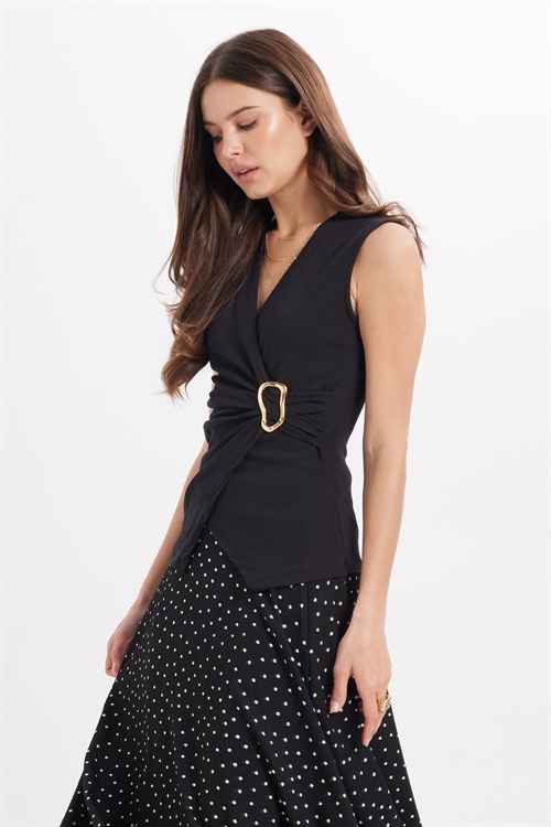 Kadın Slim Fit Dar Kesim Sıfır Kol Kruvaze Yaka Tokalı Pamuklu Likralı Siyah Bluz