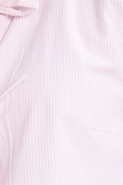 Kadın Slim Fit Dar Kesim Önden Bağlamalı Pamuklu Çizgili Pembe Bluz Gömlek 