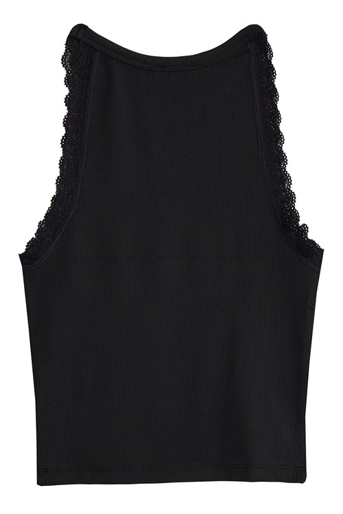 Kadın Slim Fit Dar Kesim Halter Yaka Kolsuz Dantel Detaylı Siyah Atlet Bluz